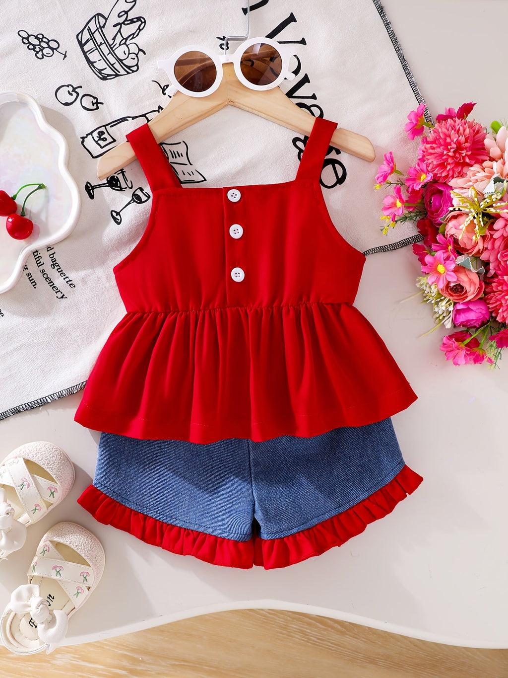 Baby Girls' Red Bow Cami Top and Denim Shorts Set with Ruffle Trim for Summer Outfits and Outdoor Play