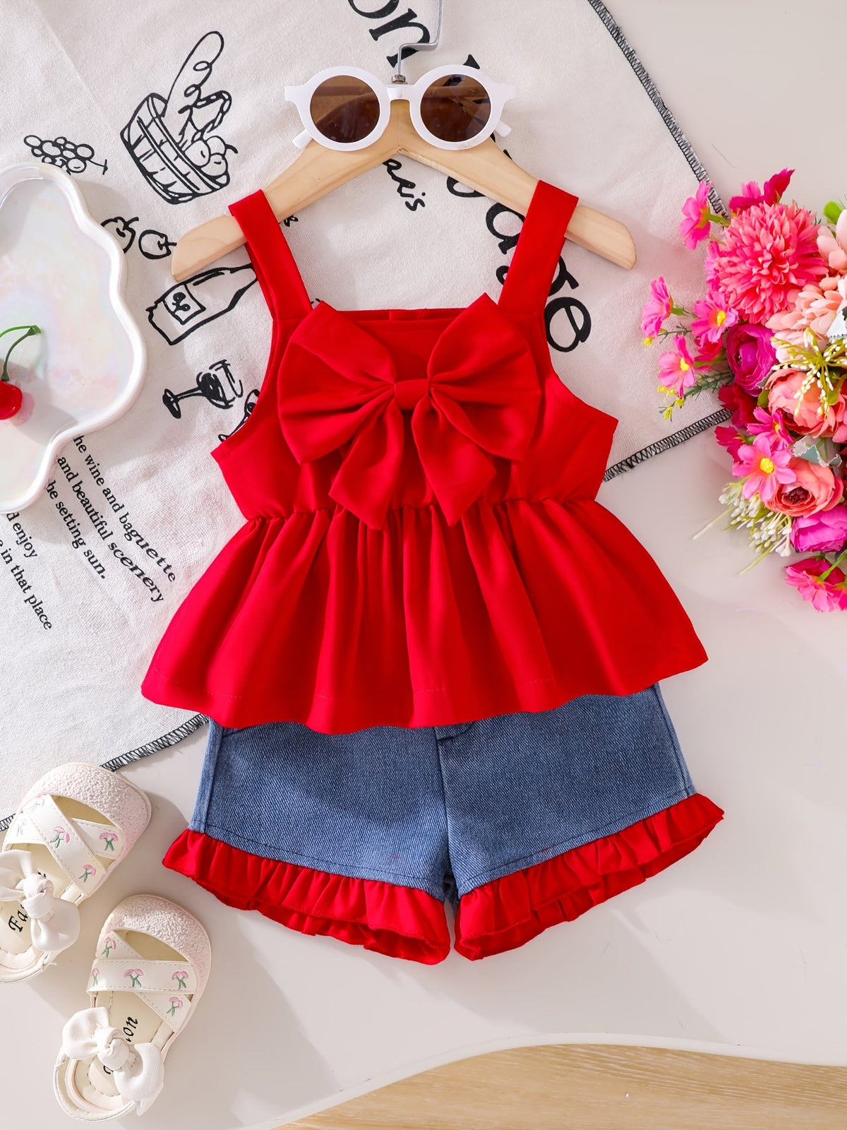Baby Girls' Red Bow Cami Top and Denim Shorts Set with Ruffle Trim for Summer Outfits and Outdoor Play