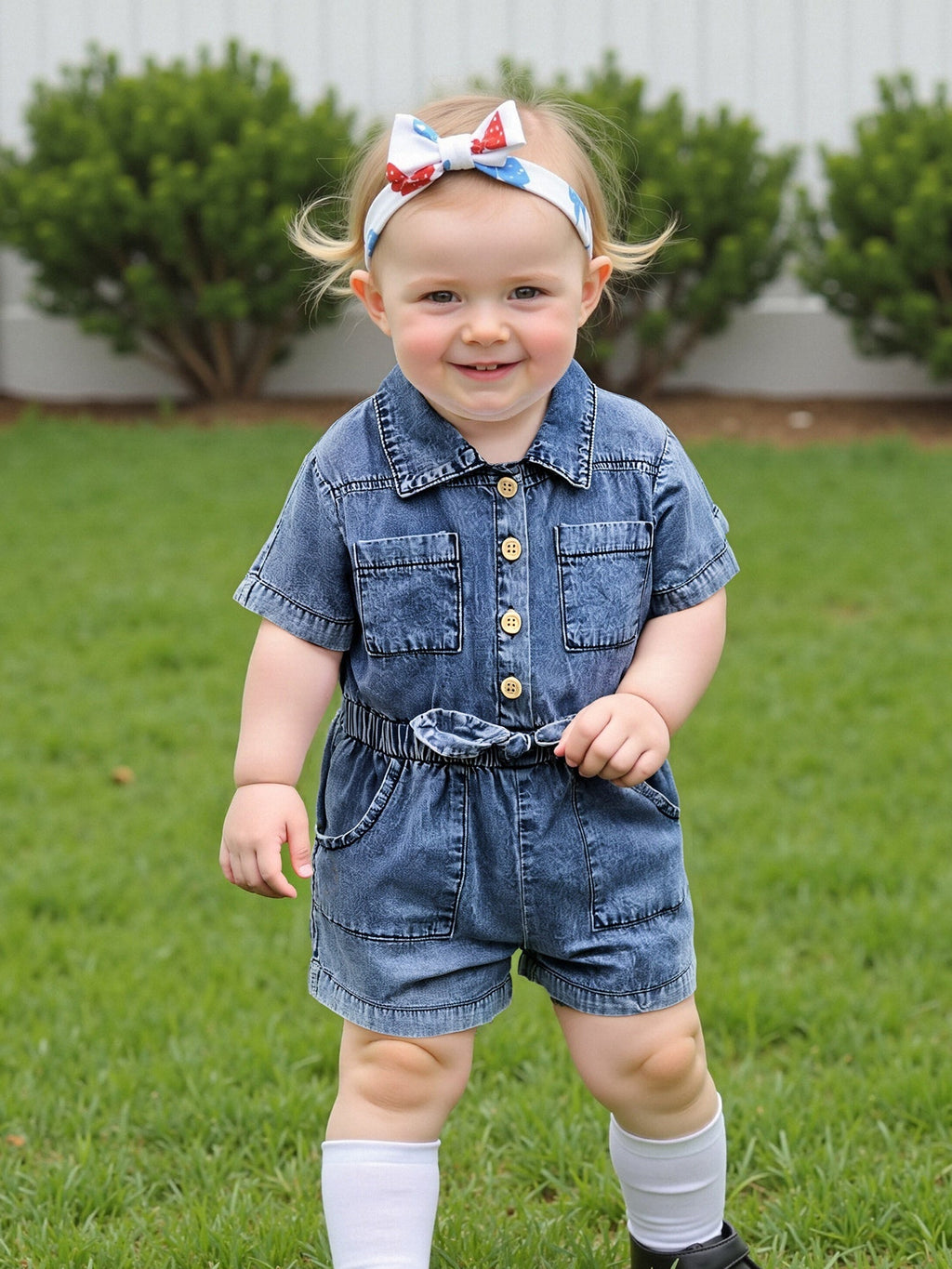 Baby Girls' Blue Denim Romper with a Button Front and Elastic Waist for Casual Short-Sleeve Outfits