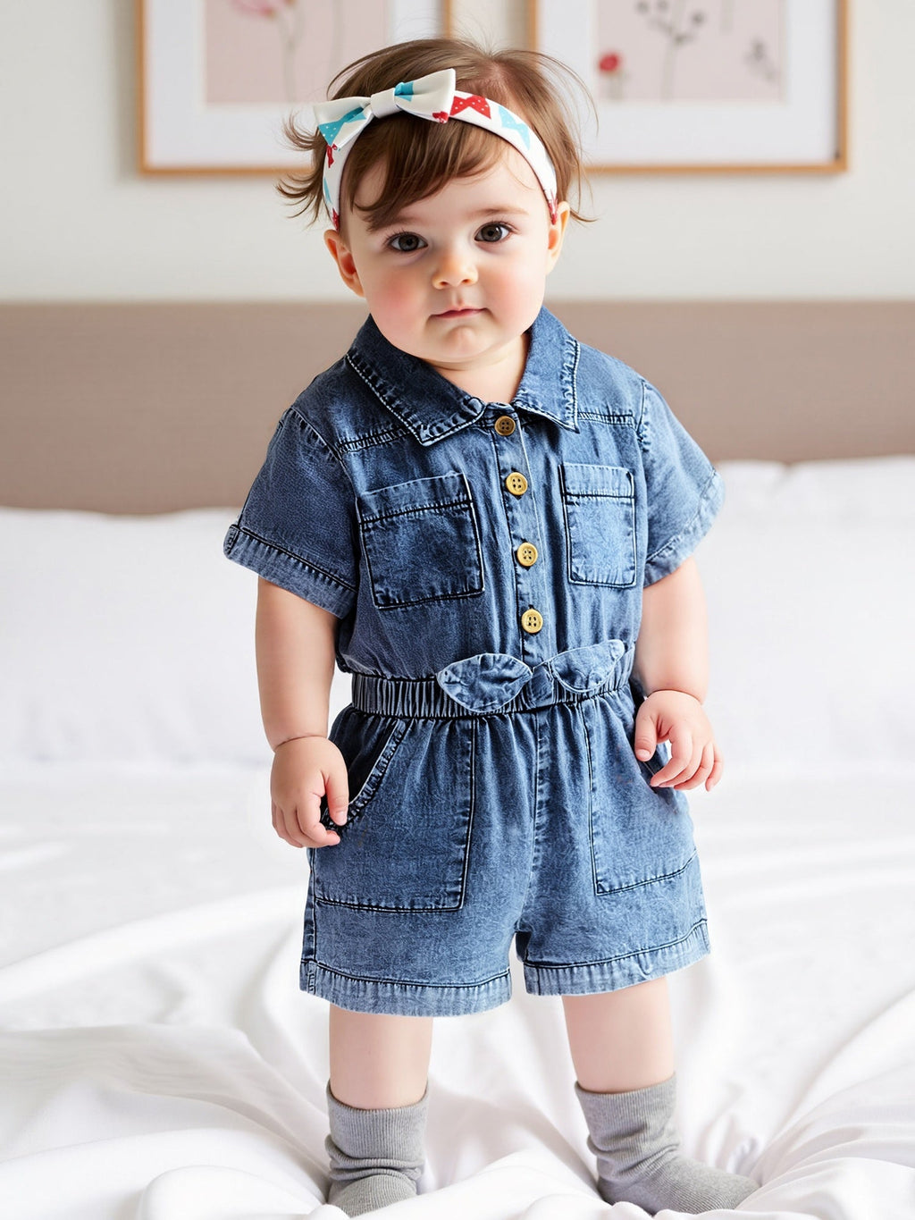 Baby Girls' Blue Denim Romper with a Button Front and Elastic Waist for Casual Short-Sleeve Outfits