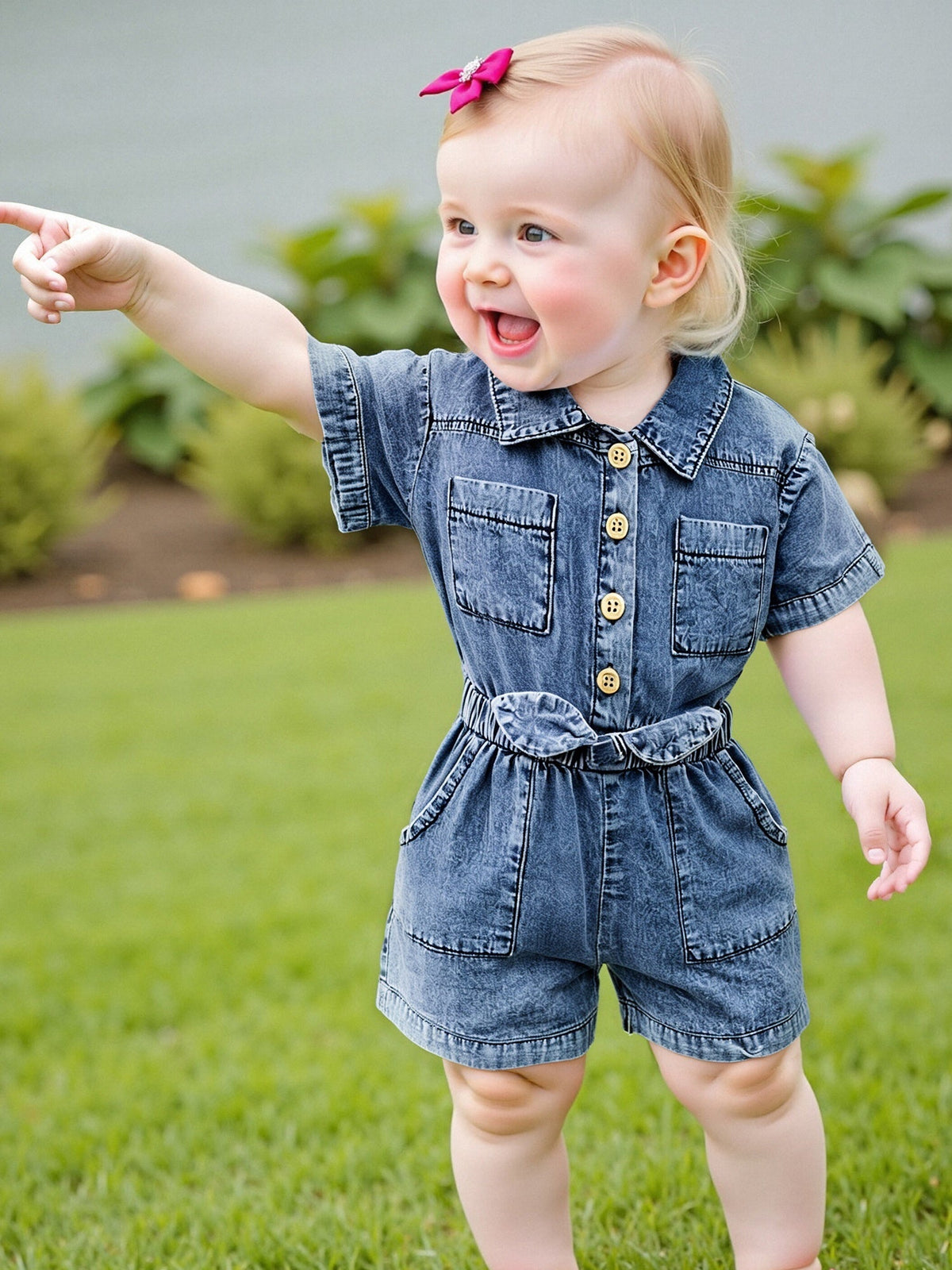 Baby Girls' Blue Denim Romper with a Button Front and Elastic Waist for Casual Short-Sleeve Outfits
