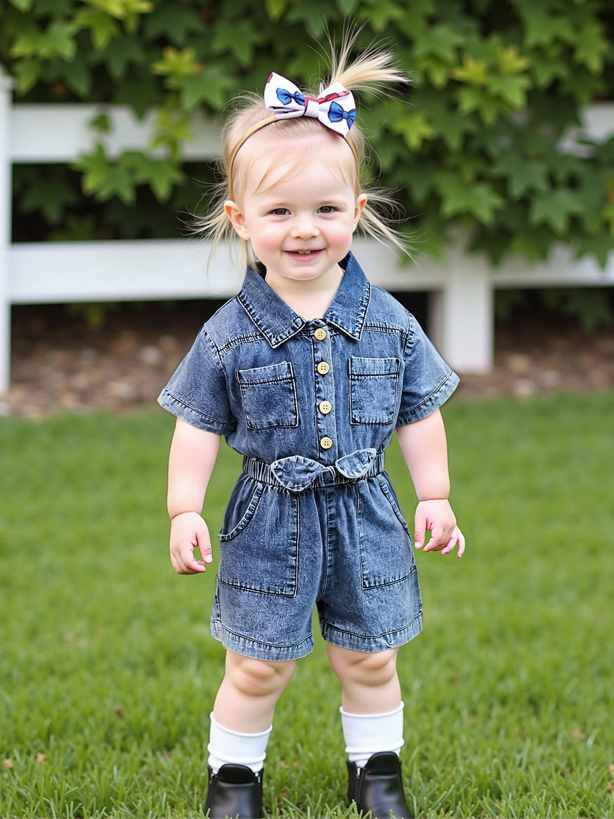 Baby Girls' Blue Denim Romper with a Button Front and Elastic Waist for Casual Short-Sleeve Outfits