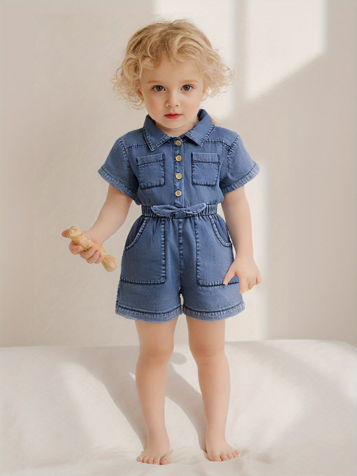 Baby Girls' Blue Denim Romper with a Button Front and Elastic Waist for Casual Short-Sleeve Outfits