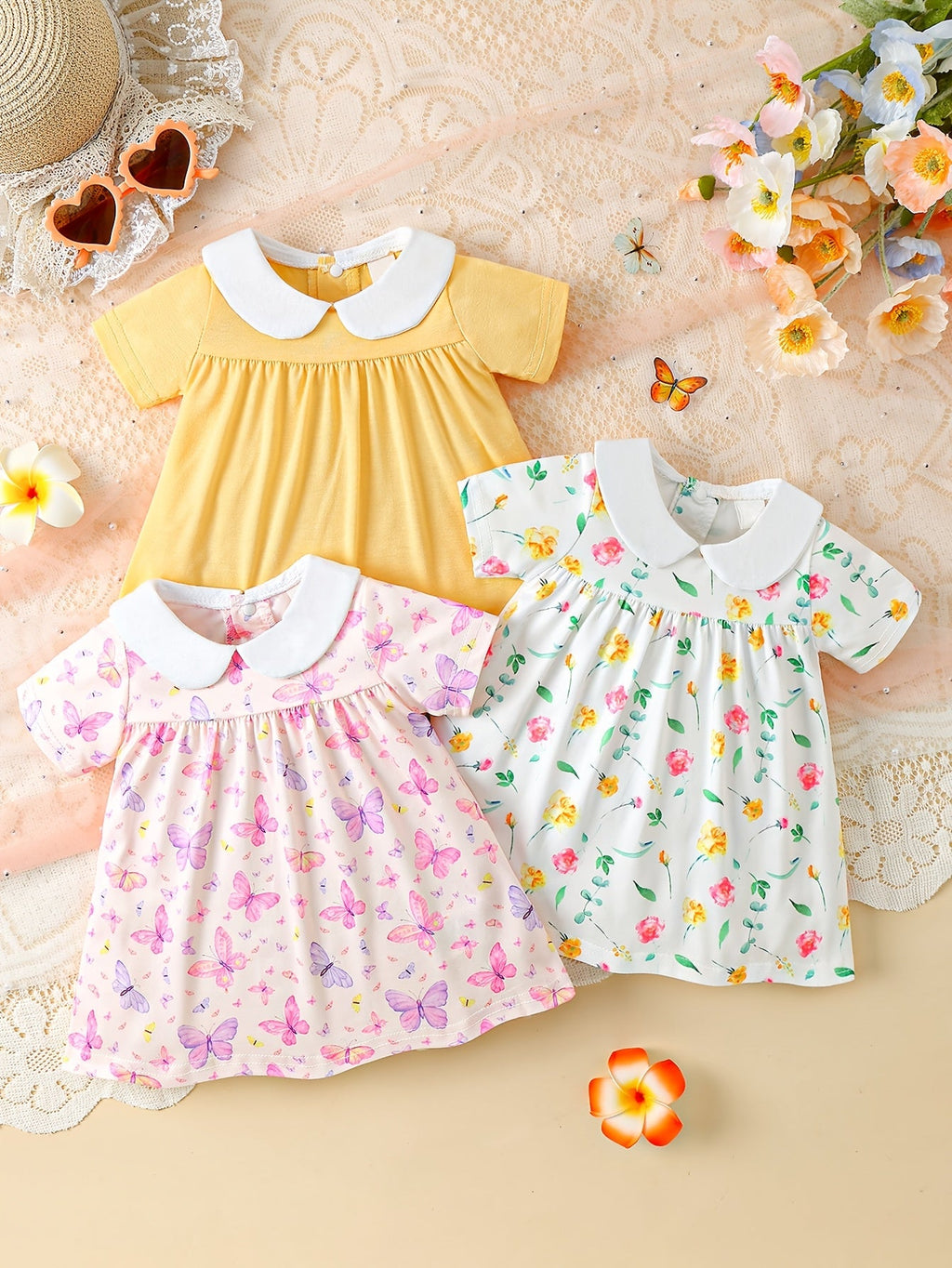 Baby Girl Collared Dresses Three Pack with Floral Butterfly and Solid Designs for Everyday Outfits