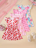 Girls' Printed Summer Dresses 4-Pack with Flutter Sleeves and Flared Skirts for Colorful Everyday Outfits