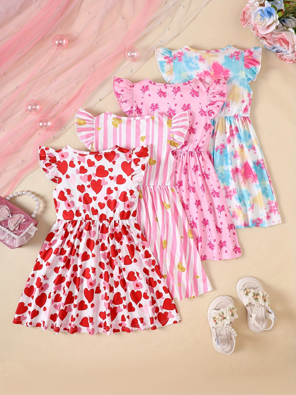 Girls' Printed Summer Dresses 4-Pack with Flutter Sleeves and Flared Skirts for Colorful Everyday Outfits