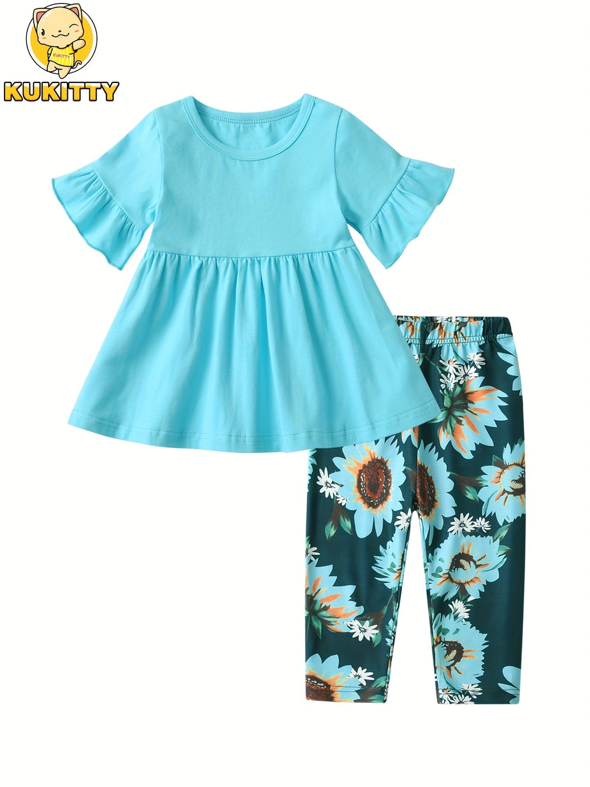 Girls Pants Set in Sky Blue Pink or Violet with a Ruffle Sleeve Top and Sunflower Print Trousers