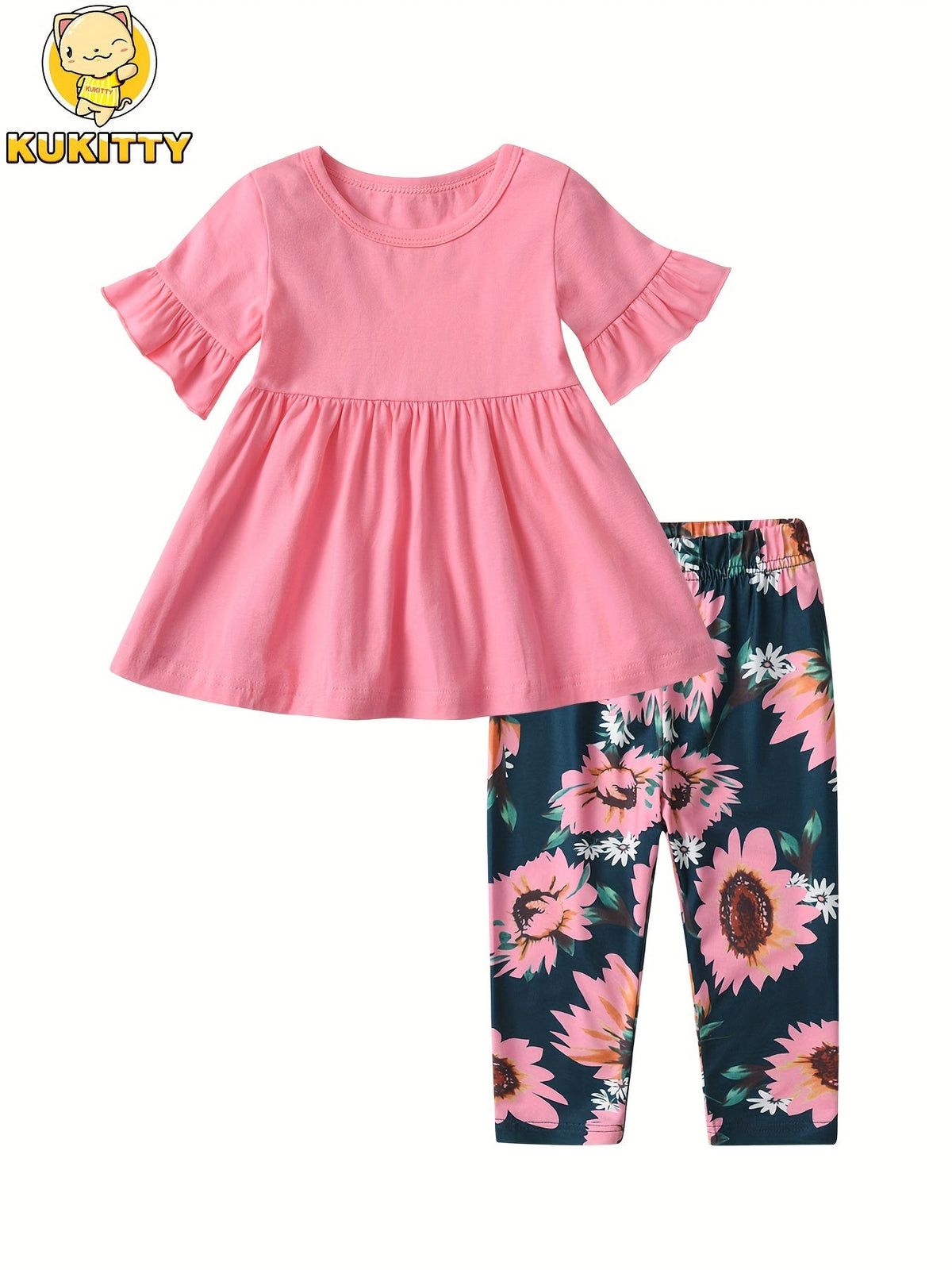 Girls Pants Set in Sky Blue Pink or Violet with a Ruffle Sleeve Top and Sunflower Print Trousers