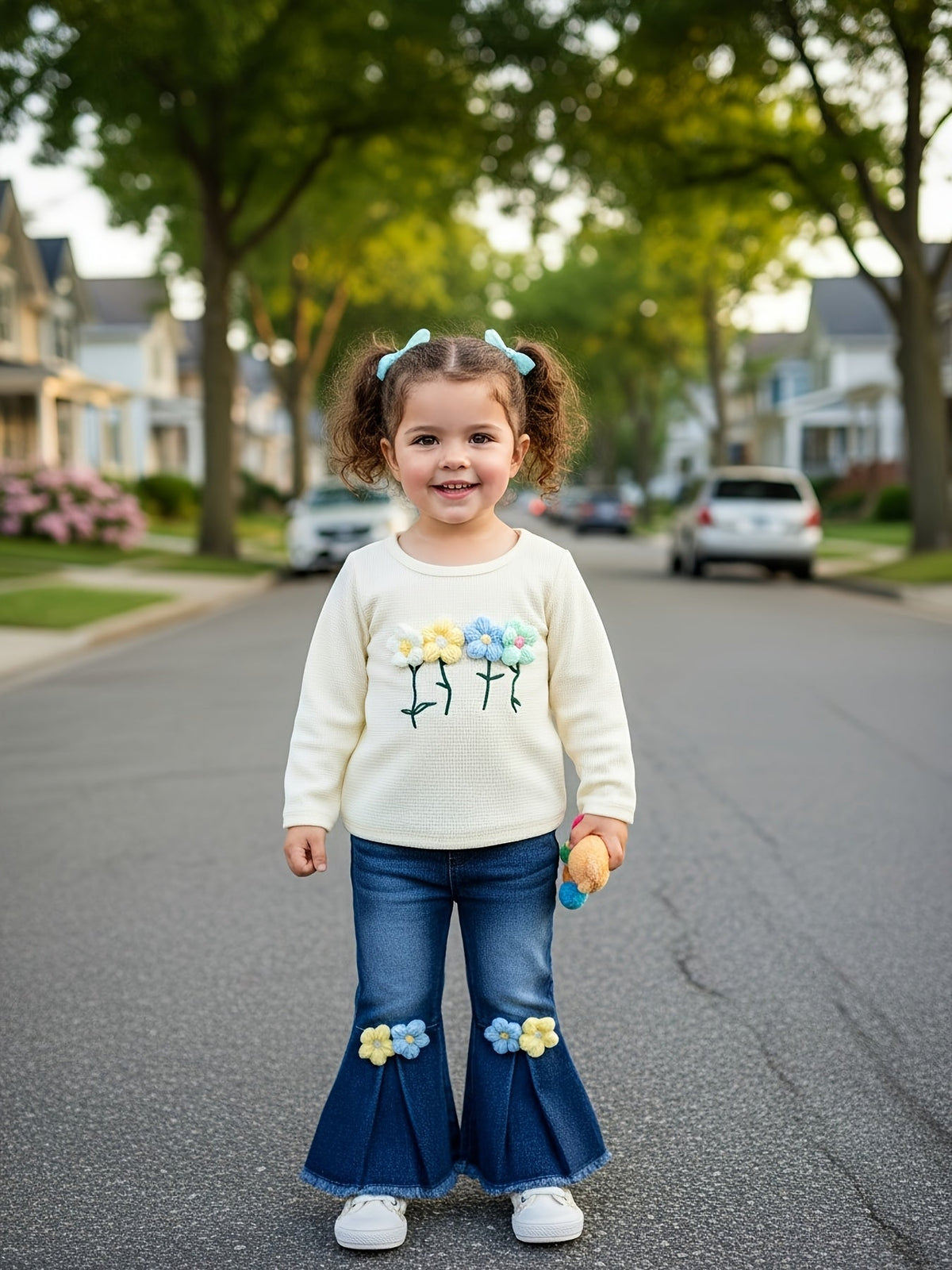 Baby Girl Floral Top and Flare Jeans Set with Three-Dimensional Flowers for Spring and Fall Outfits