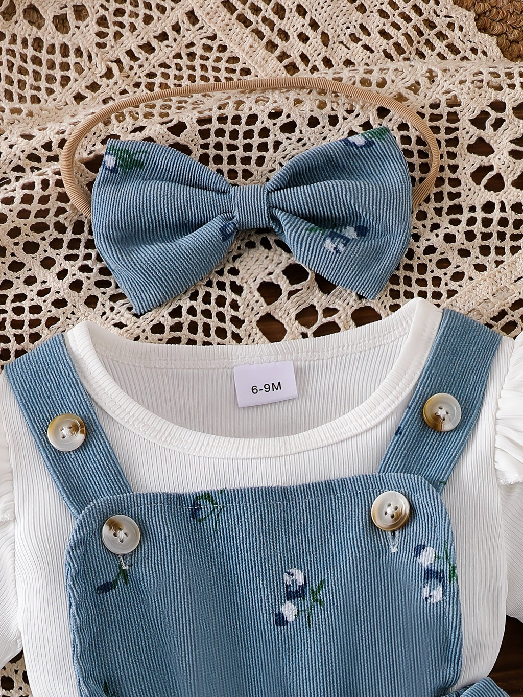 Baby Girls' Floral Pinafore Outfit with a Flutter Sleeve Top and Matching Bow Headband in Steel Blue