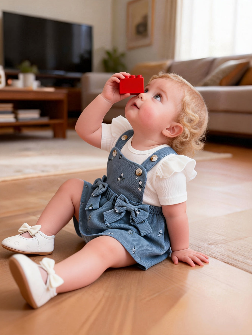 Baby Girls' Floral Pinafore Outfit with a Flutter Sleeve Top and Matching Bow Headband in Steel Blue