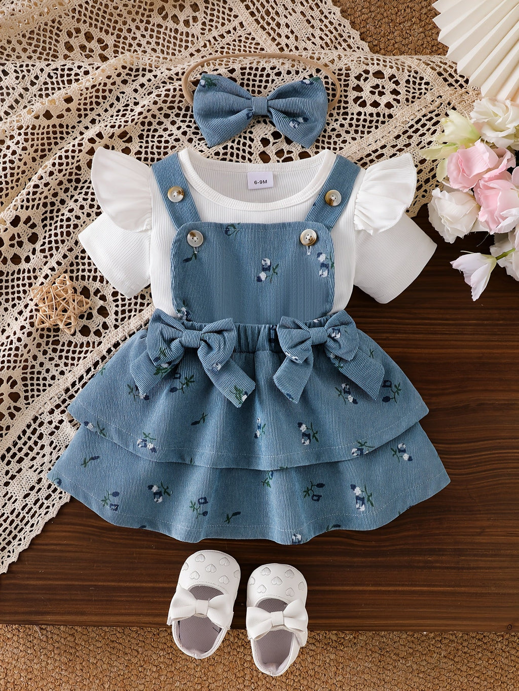 Baby Girls' Floral Pinafore Outfit with a Flutter Sleeve Top and Matching Bow Headband in Steel Blue