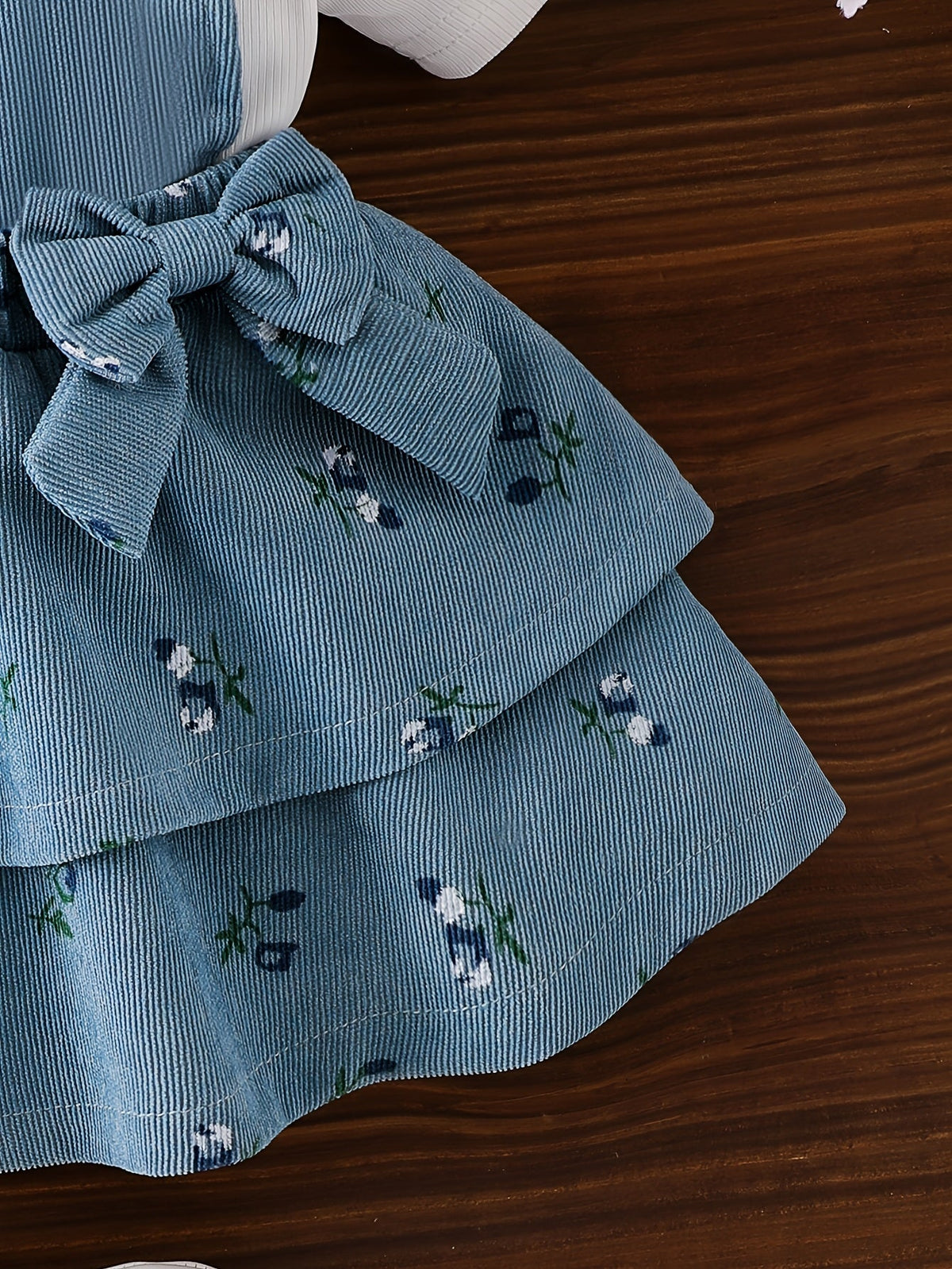 Baby Girls' Floral Pinafore Outfit with a Flutter Sleeve Top and Matching Bow Headband in Steel Blue