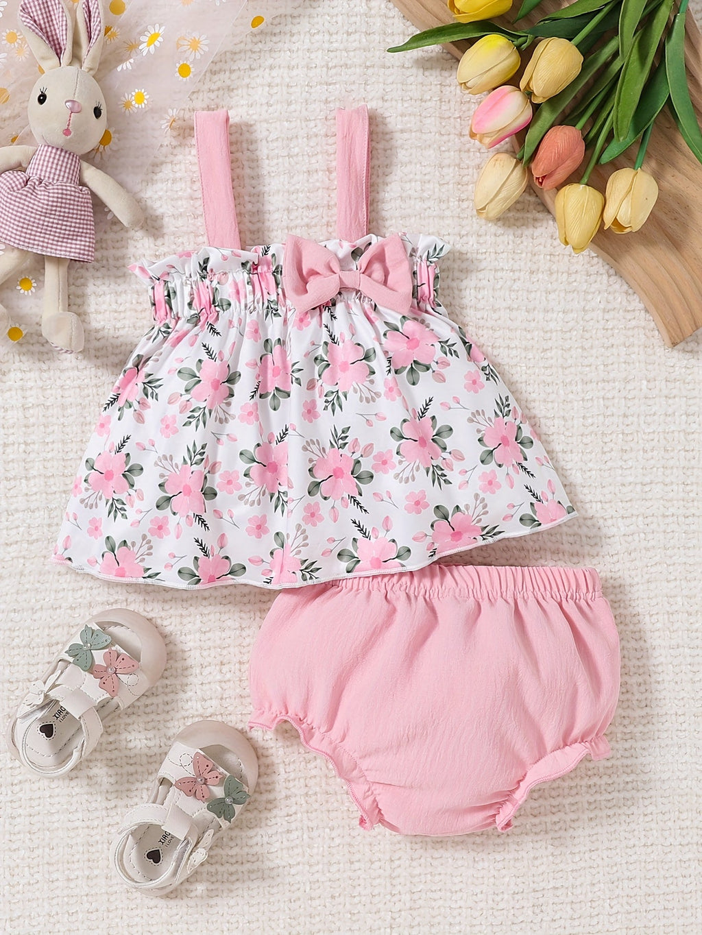 Baby Girls' Pink Floral Top and Bloomer Set with a Bow Front and Ruffled Edges for Warm Weather Outfits