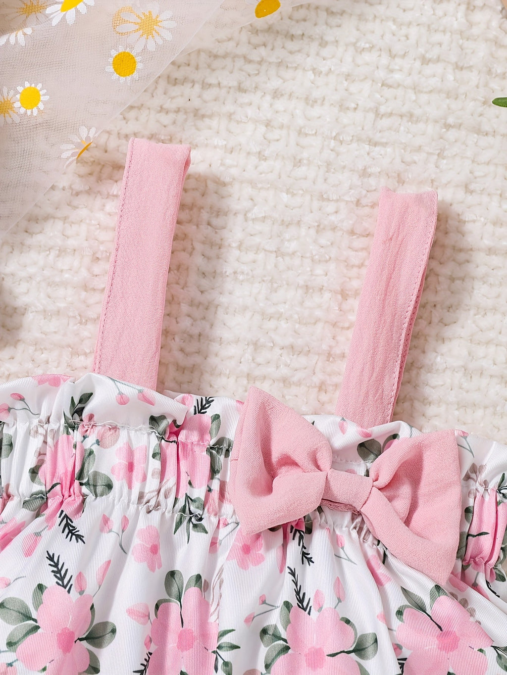 Baby Girls' Pink Floral Top and Bloomer Set with a Bow Front and Ruffled Edges for Warm Weather Outfits