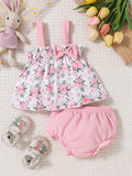 Baby Girls' Pink Floral Top and Bloomer Set with a Bow Front and Ruffled Edges for Warm Weather Outfits