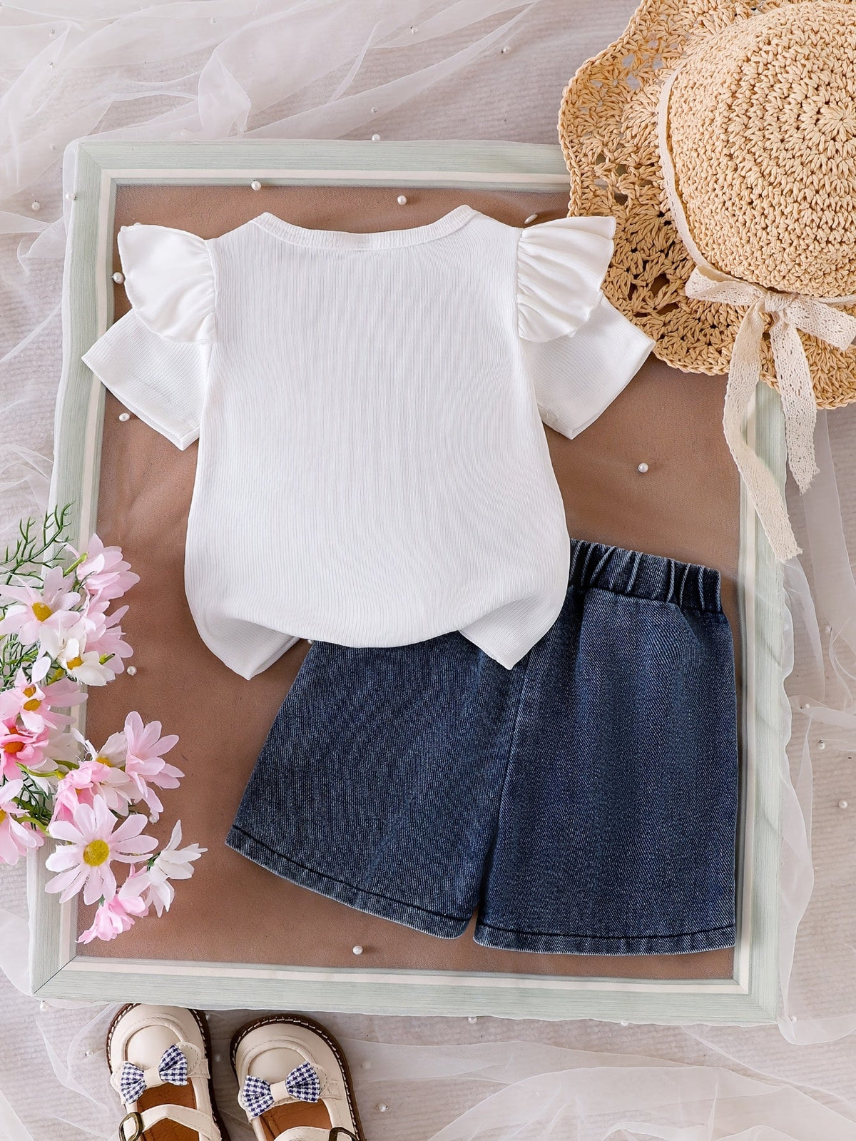 Baby Girl Bow Top and Denim Shorts Set with Flutter Sleeves and Matching Bow Details for Summer