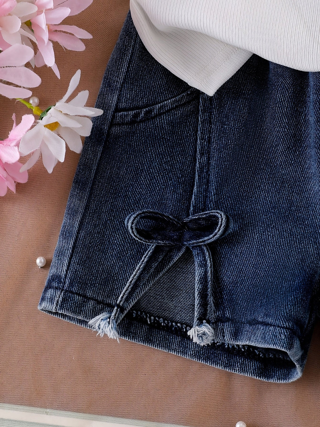 Baby Girl Bow Top and Denim Shorts Set with Flutter Sleeves and Matching Bow Details for Summer