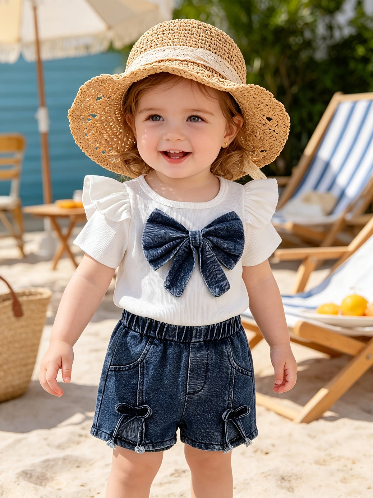 Baby Girl Bow Top and Denim Shorts Set with Flutter Sleeves and Matching Bow Details for Summer