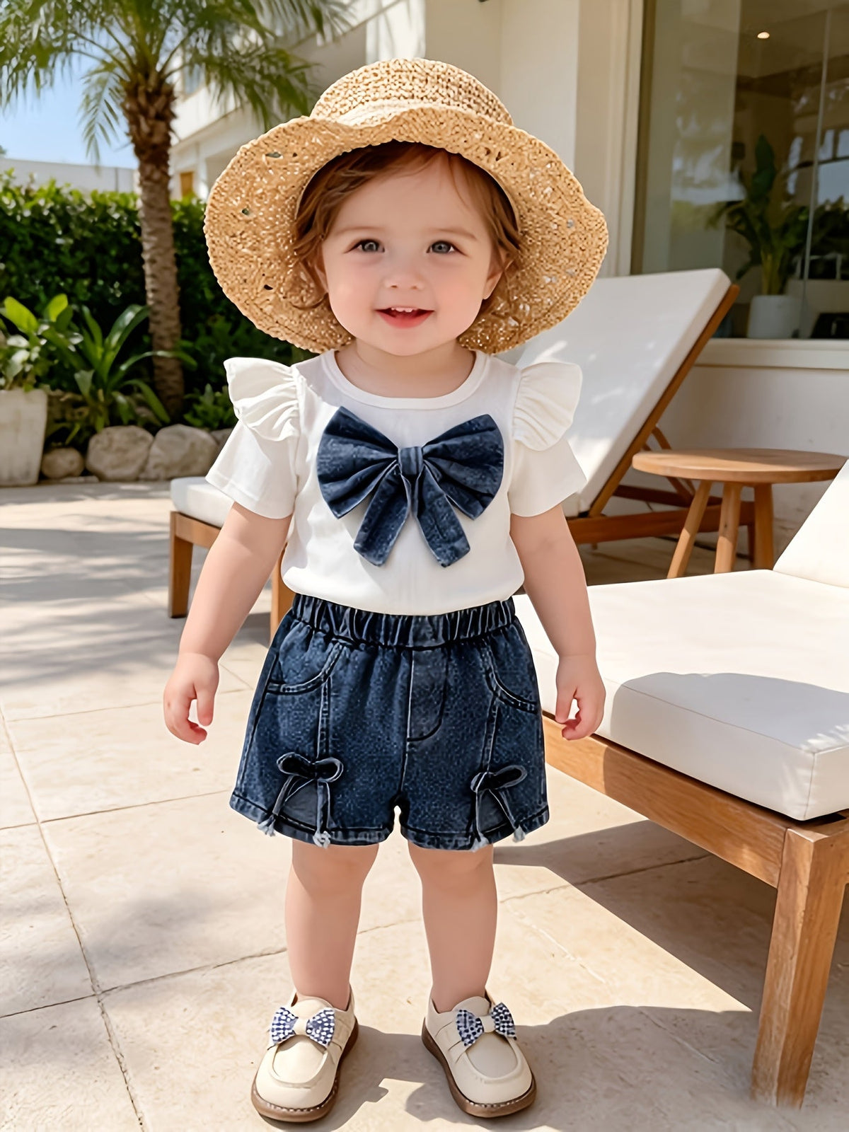 Baby Girl Bow Top and Denim Shorts Set with Flutter Sleeves and Matching Bow Details for Summer