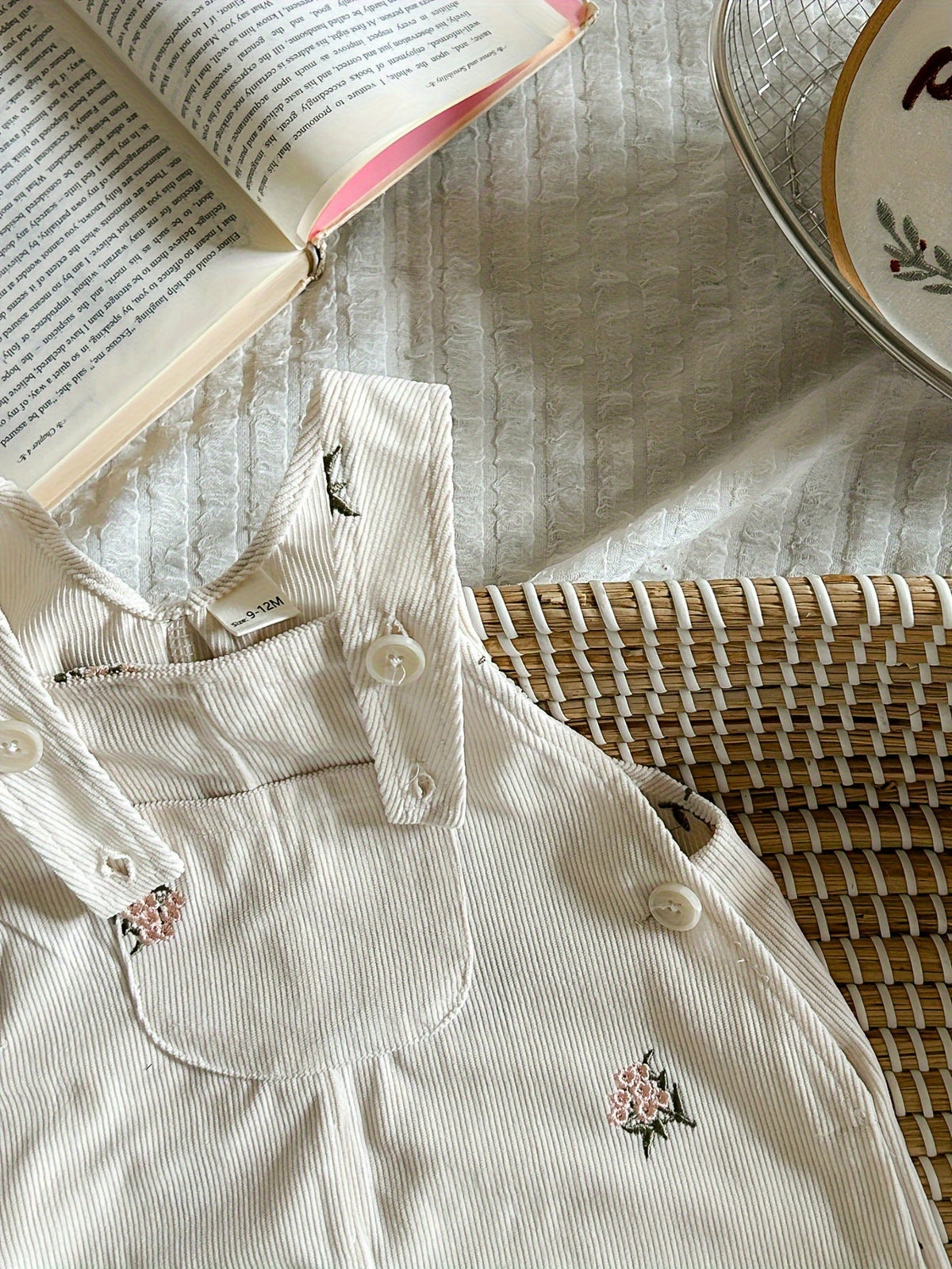 Baby Girls' Ivory Floral Overalls with an Embroidered Bib Pocket and Buttoned Straps for Layered Outfits