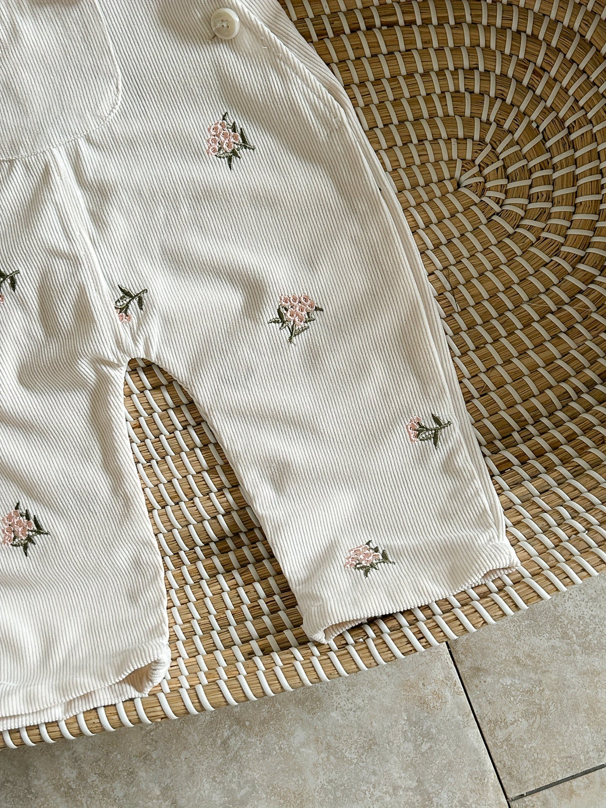 Baby Girls' Ivory Floral Overalls with an Embroidered Bib Pocket and Buttoned Straps for Layered Outfits