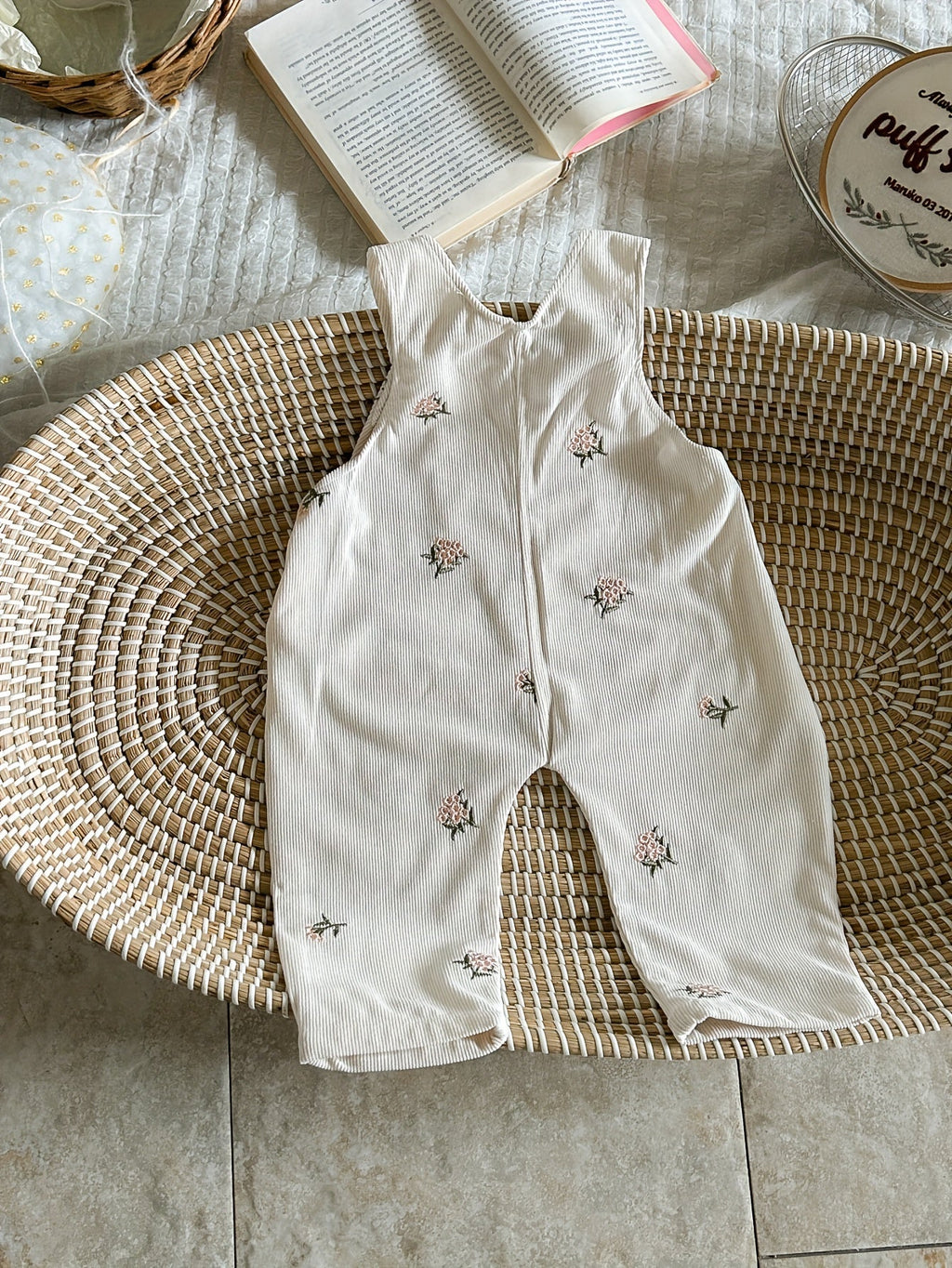 Baby Girls' Ivory Floral Overalls with an Embroidered Bib Pocket and Buttoned Straps for Layered Outfits