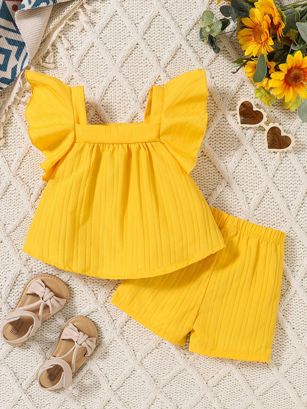 Baby Girls' Floral Top and Shorts Set with Ruffled Shoulders and Matching Flower Trim for Summer Outfits