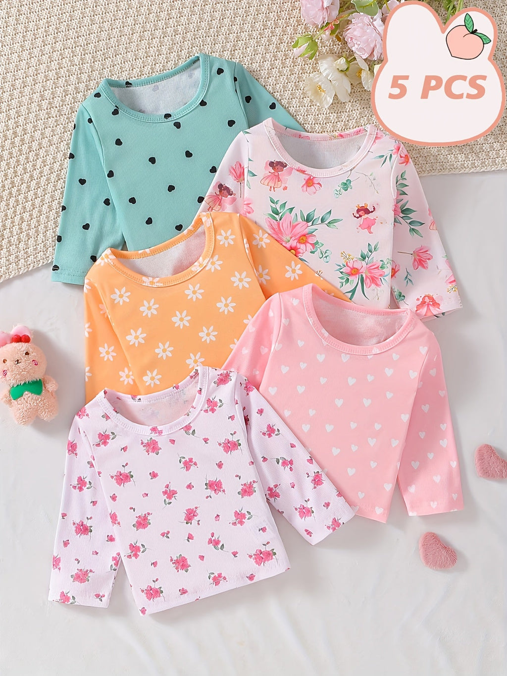 Baby Girl T-Shirts Five-Pack with Flower and Heart Prints in Long Sleeve Styles for Everyday Outfits