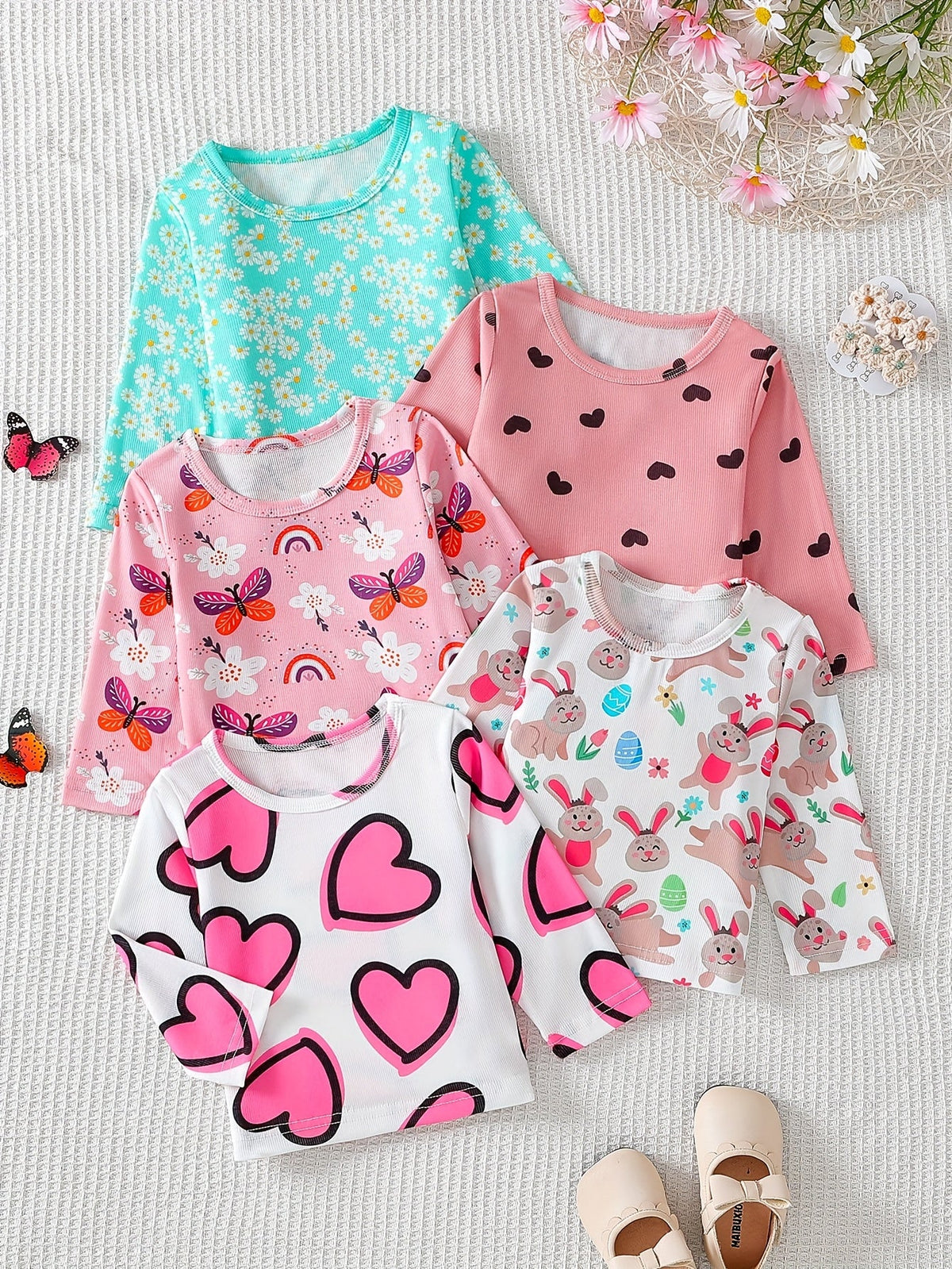 Baby Girl T-Shirts Five-Pack with Flower and Heart Prints in Long Sleeve Styles for Everyday Outfits