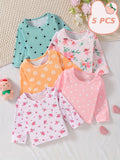 Baby Girl T-Shirts Five-Pack with Flower and Heart Prints in Long Sleeve Styles for Everyday Outfits