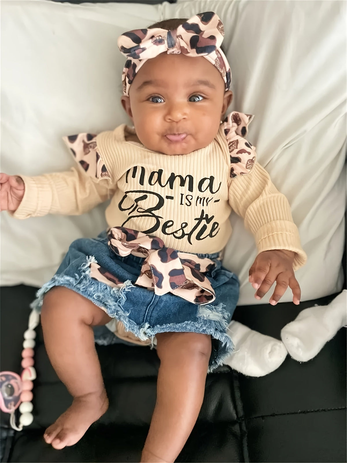 Baby Girls' Mama Is My Bestie Bodysuit and Denim Skirt Set with Leopard Accents for Coordinated Outfits