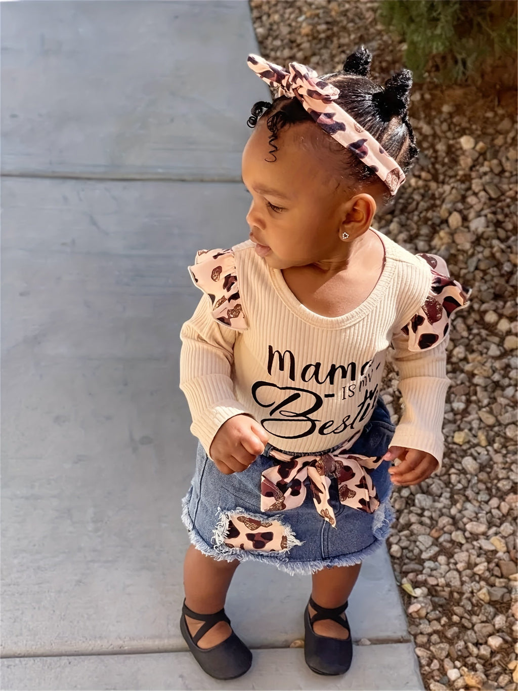 Baby Girls' Mama Is My Bestie Bodysuit and Denim Skirt Set with Leopard Accents for Coordinated Outfits