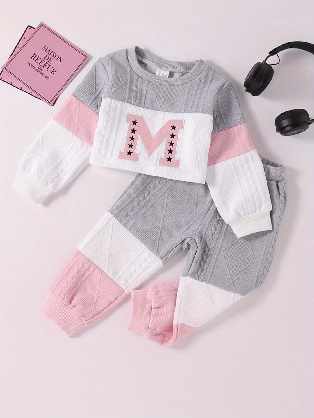 Toddler Girls' Textured Pants Set with an M Letter Top and Gray Pink White Colorblocking in 18-24M