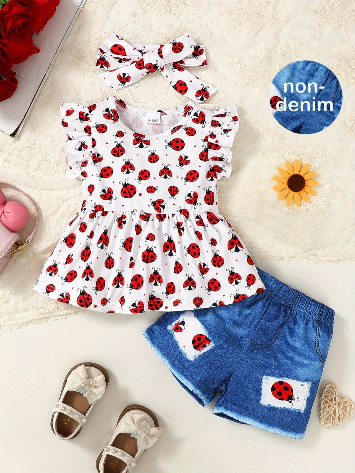 Baby Girl Ladybug Outfit Set with a Ruffle Sleeve Top and Blue Denim Look Shorts for Summer Casual Wear