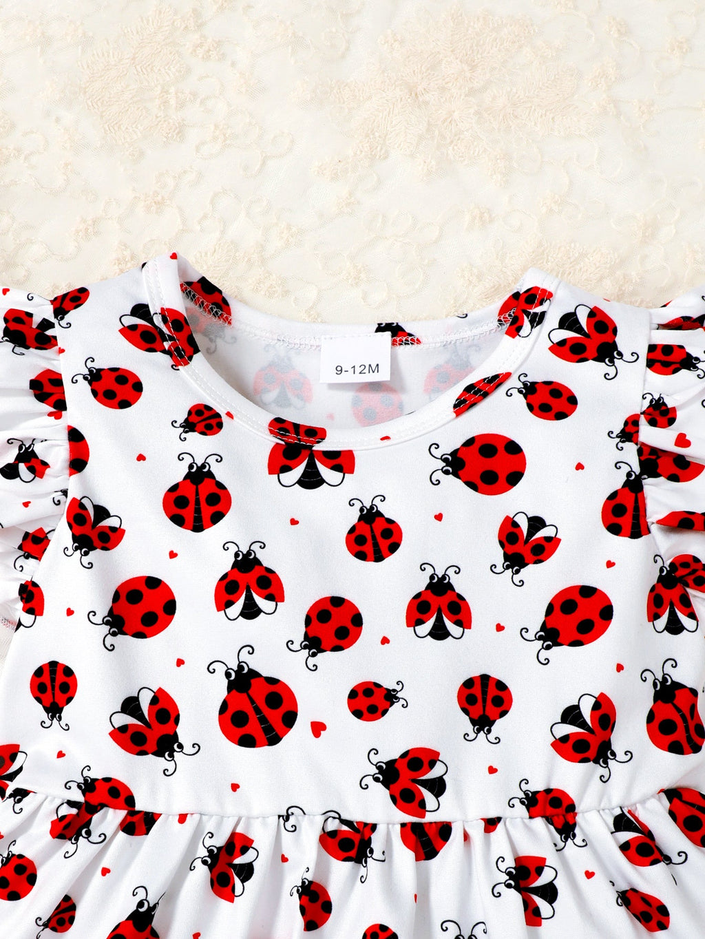 Baby Girl Ladybug Outfit Set with a Ruffle Sleeve Top and Blue Denim Look Shorts for Summer Casual Wear