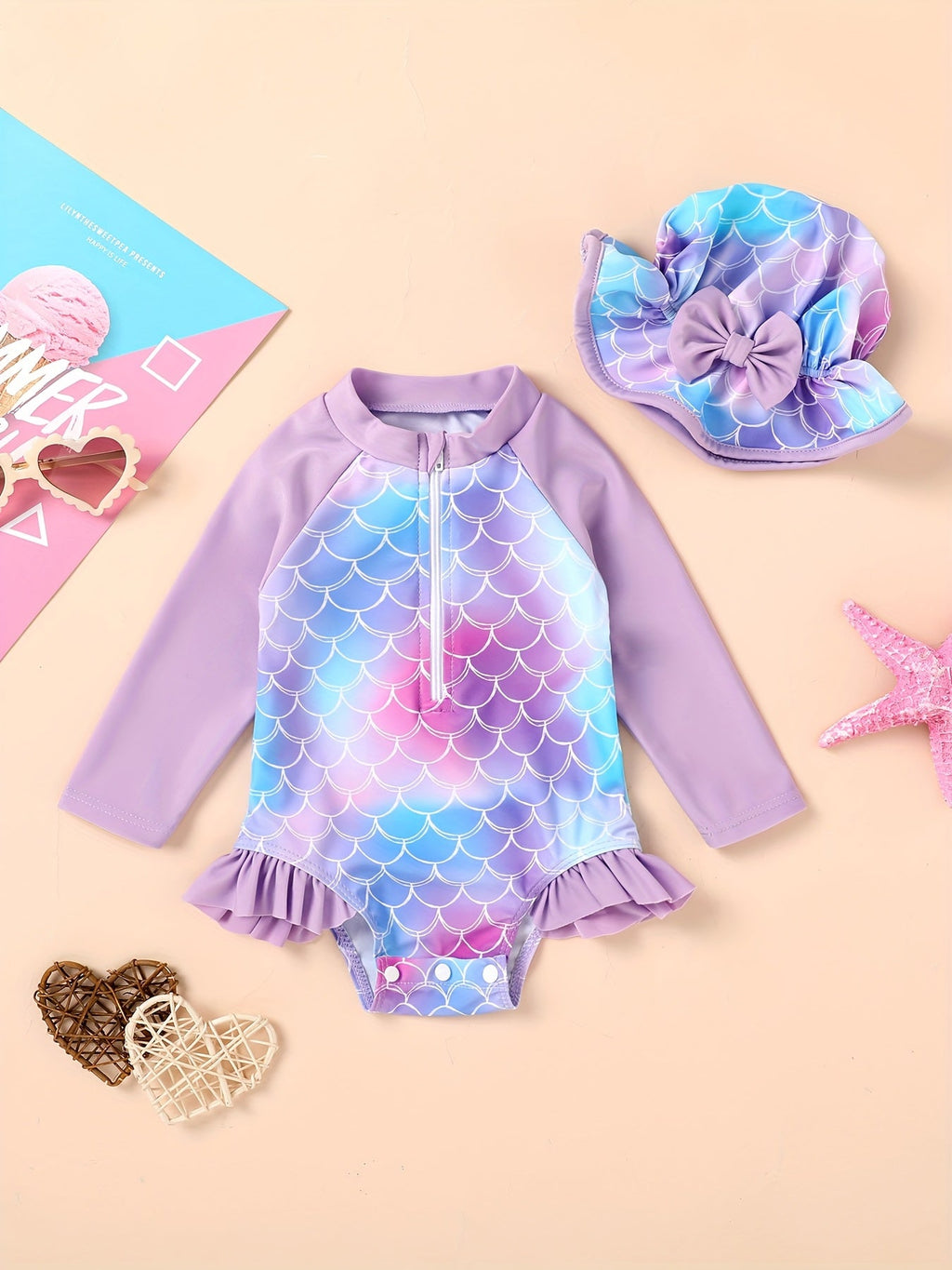 Baby Girls' Long Sleeve Swimsuit and Hat Set with a Front Zipper and Ruffle Trim for Poolside Outfits