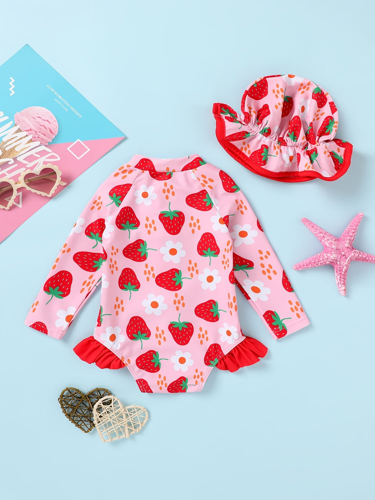 Baby Girls' Long Sleeve Swimsuit and Hat Set with a Front Zipper and Ruffle Trim for Poolside Outfits