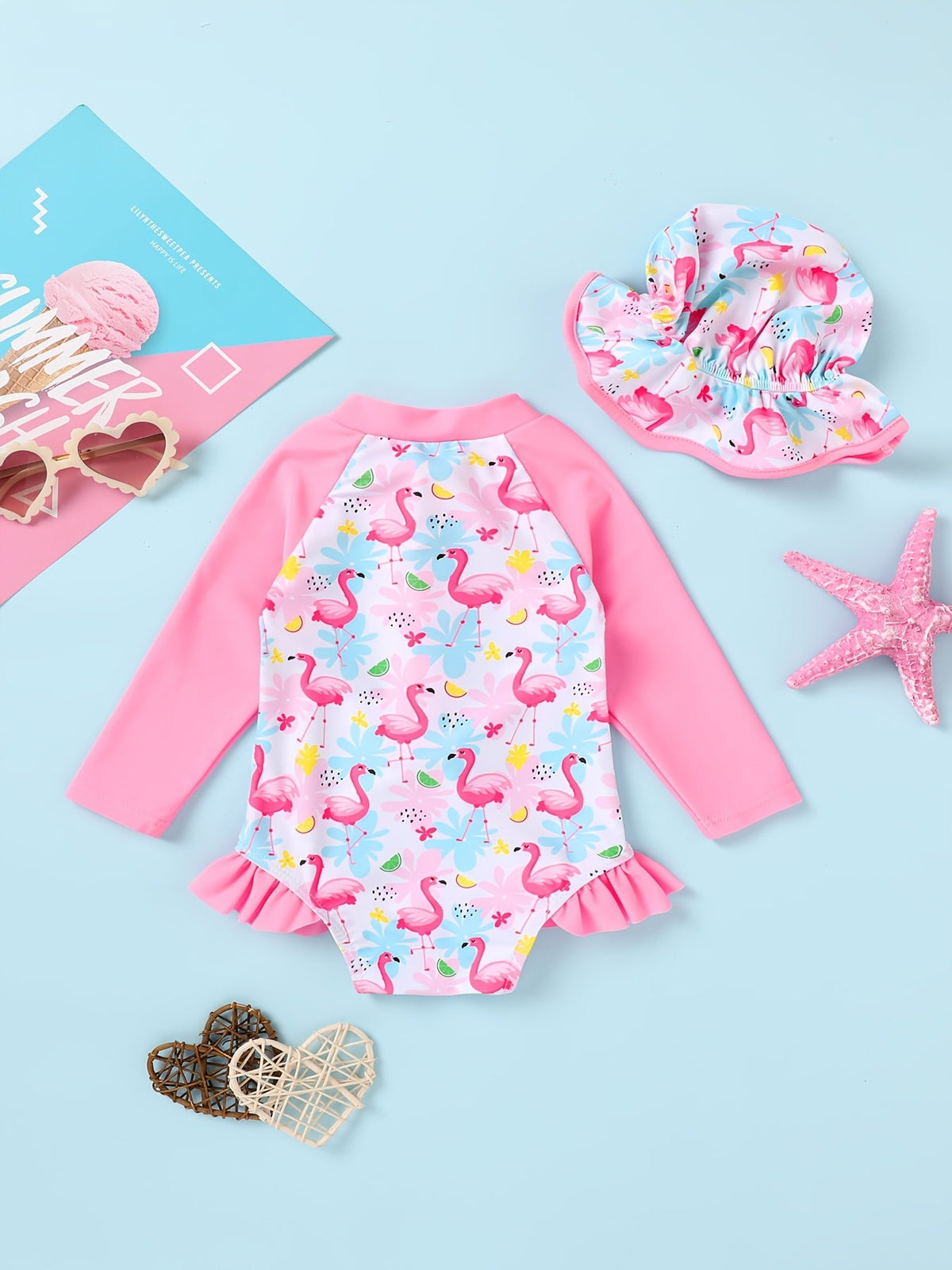 Baby Girls' Long Sleeve Swimsuit and Hat Set with a Front Zipper and Ruffle Trim for Poolside Outfits
