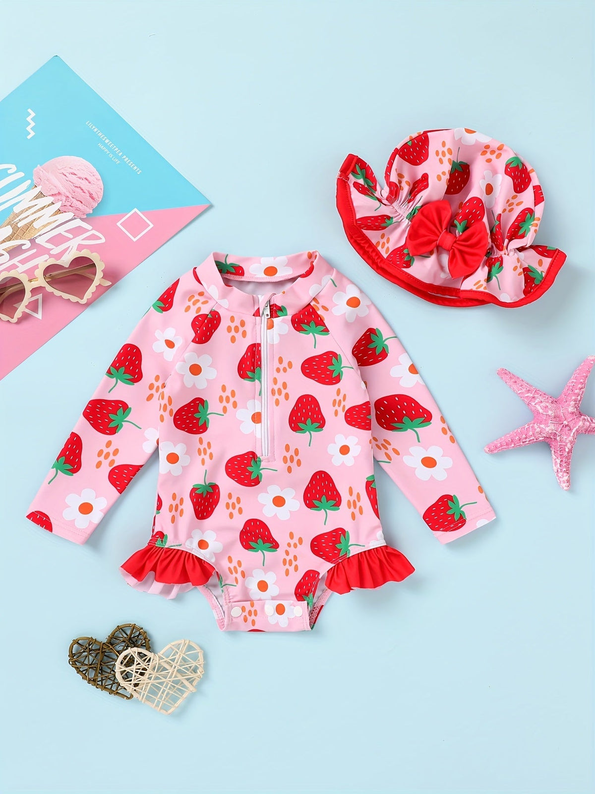 Baby Girls' Long Sleeve Swimsuit and Hat Set with a Front Zipper and Ruffle Trim for Poolside Outfits