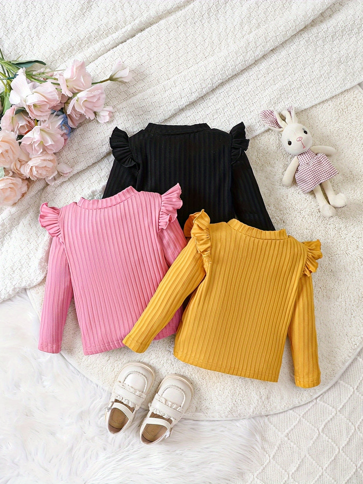 Baby Girls' Ribbed Tops Three-Pack with Long Sleeves and Ruffled Shoulders for Everyday Layered Outfits