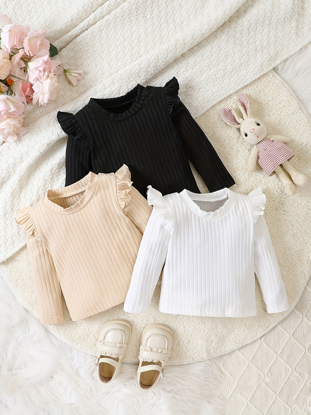 Baby Girls' Ribbed Tops Three-Pack with Long Sleeves and Ruffled Shoulders for Everyday Layered Outfits