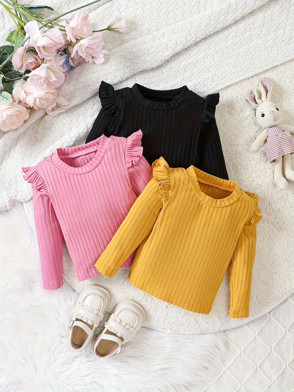 Baby Girls' Ribbed Tops Three-Pack with Long Sleeves and Ruffled Shoulders for Everyday Layered Outfits