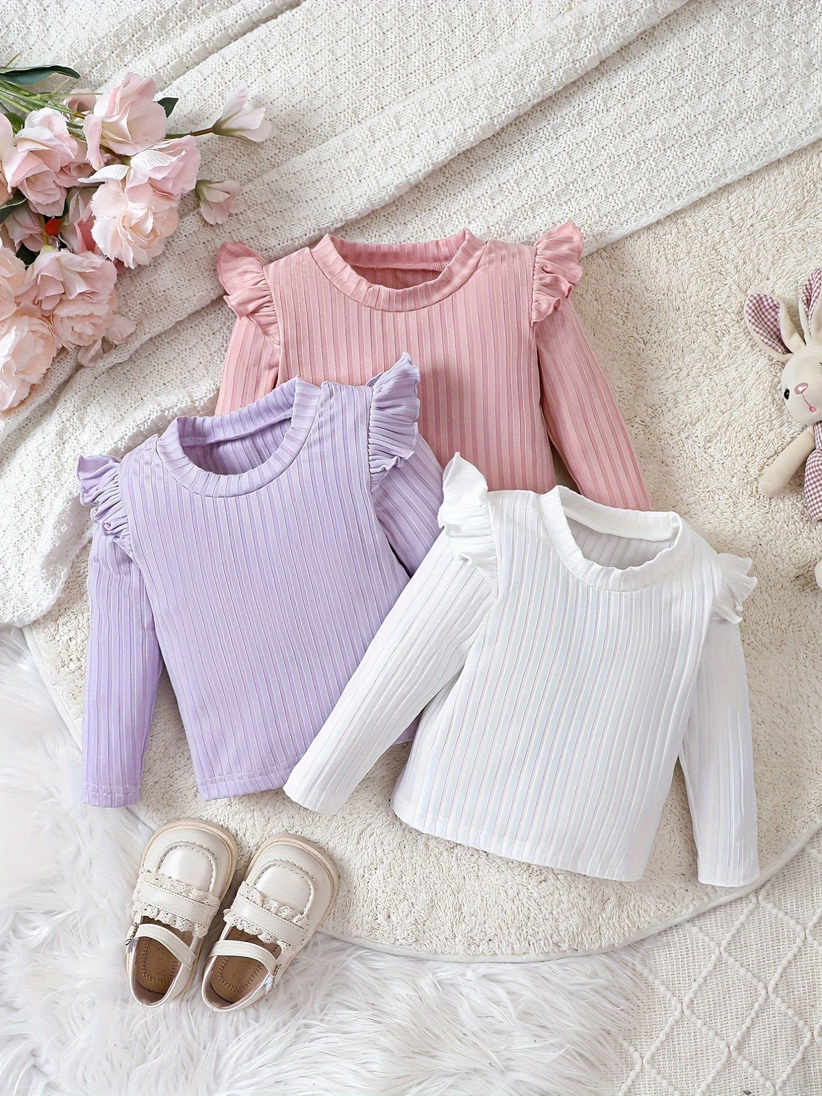 Baby Girls' Ribbed Tops Three-Pack with Long Sleeves and Ruffled Shoulders for Everyday Layered Outfits