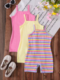 Girls' Ribbed Short Rompers Three Pack in Pink Yellow and Stripes with Shoulder Straps for Summer