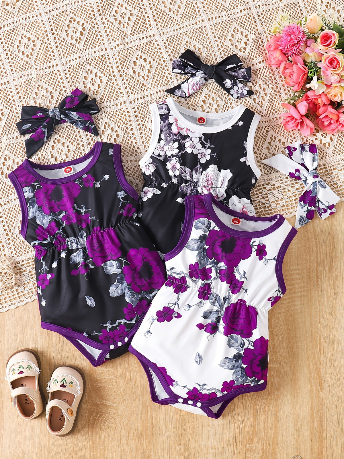 Baby Girls' Tie-Dye Bodysuit Set with Sleeveless Cuts and Coordinating Bow Headbands for Summer Outfits