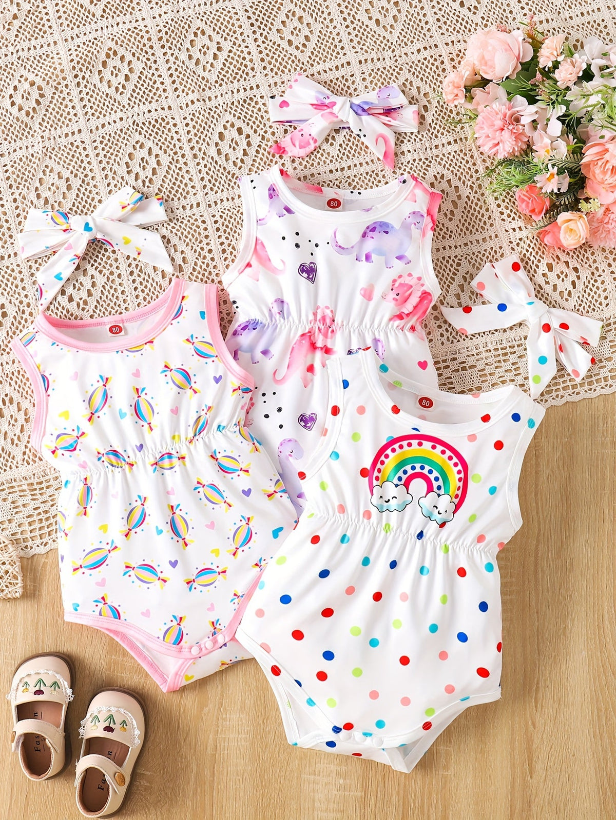 Baby Girls' Tie-Dye Bodysuit Set with Sleeveless Cuts and Coordinating Bow Headbands for Summer Outfits