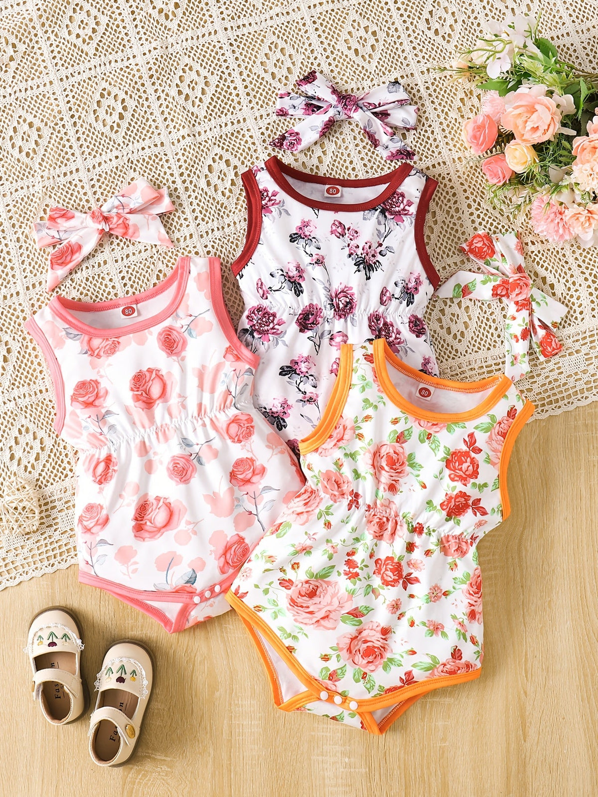 Baby Girls' Tie-Dye Bodysuit Set with Sleeveless Cuts and Coordinating Bow Headbands for Summer Outfits
