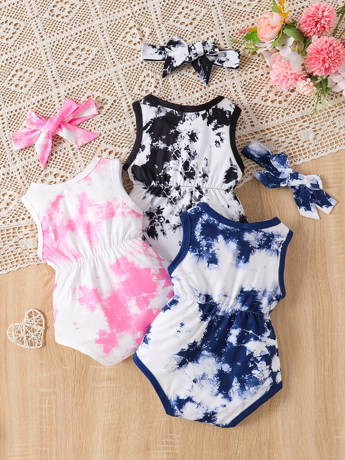 Baby Girls' Tie-Dye Bodysuit Set with Sleeveless Cuts and Coordinating Bow Headbands for Summer Outfits