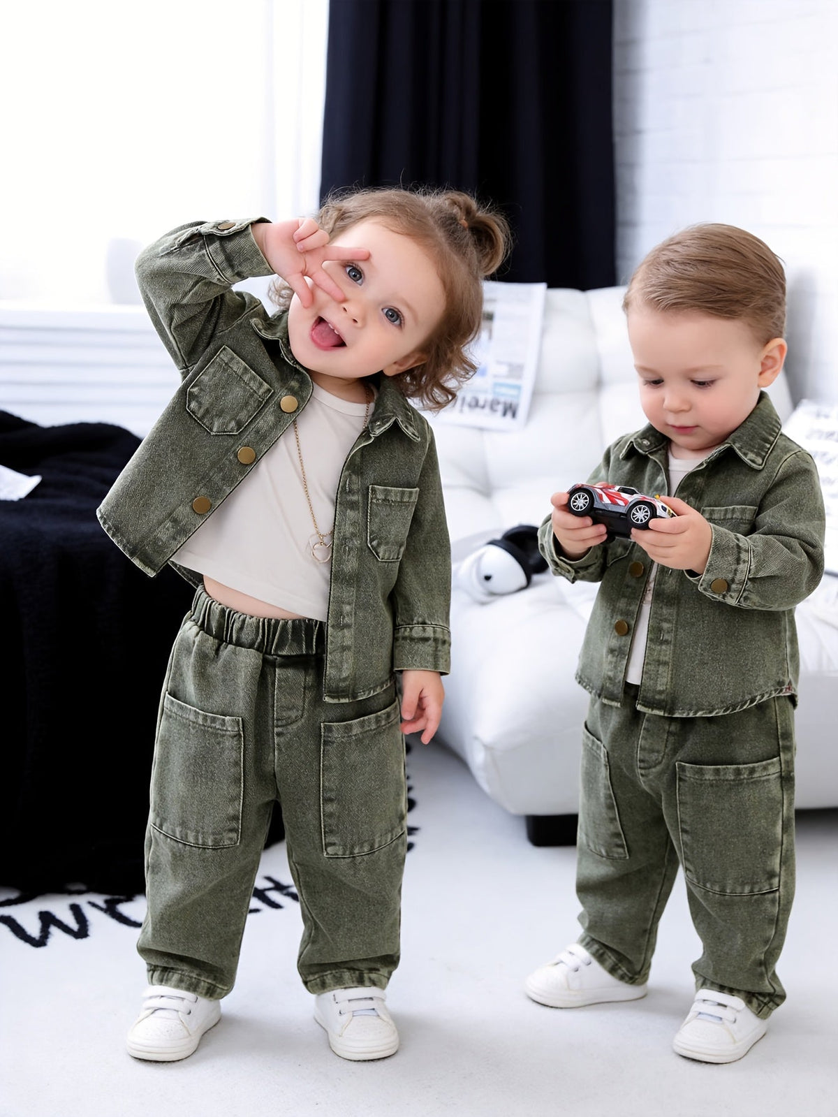 Baby Girls' Denim Jacket and Pants Set with Patch Pockets and an Elastic Waist for Casual Outings